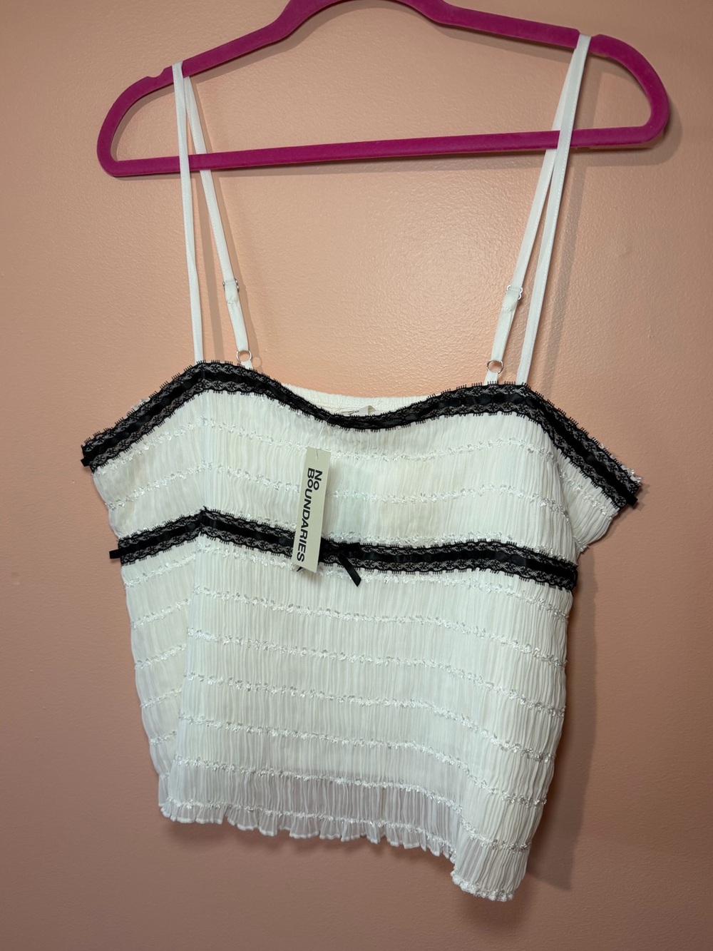 No Boundaries White Tank with Black Lace Trim